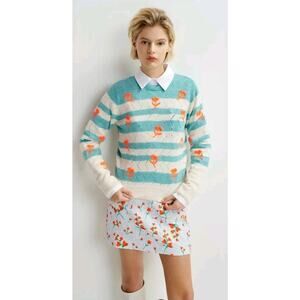 NWT Essentiel Antwerp Hinkel knitted sweater, Ecru/neon Orange And Aqua Size XL